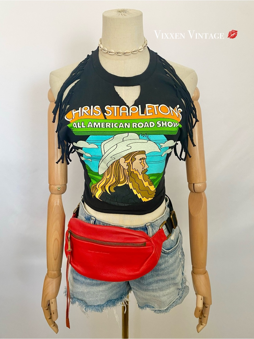 CHRIS STAPLETON 'ALL AMERICAN ROAD SHOW' UPCYCLED FRINGE HALTER TOP IN BLACK
